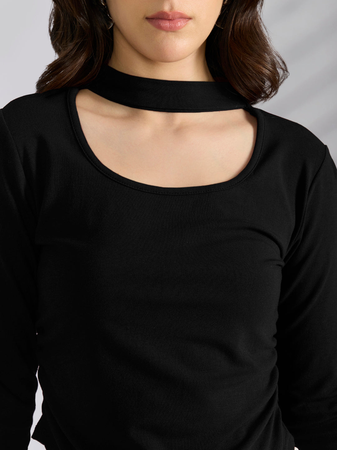 Women’s Black Choker Neck Long Sleeve Ruched Top