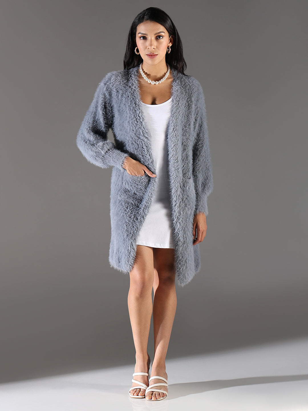 Women Grey Solid Longline Shrug