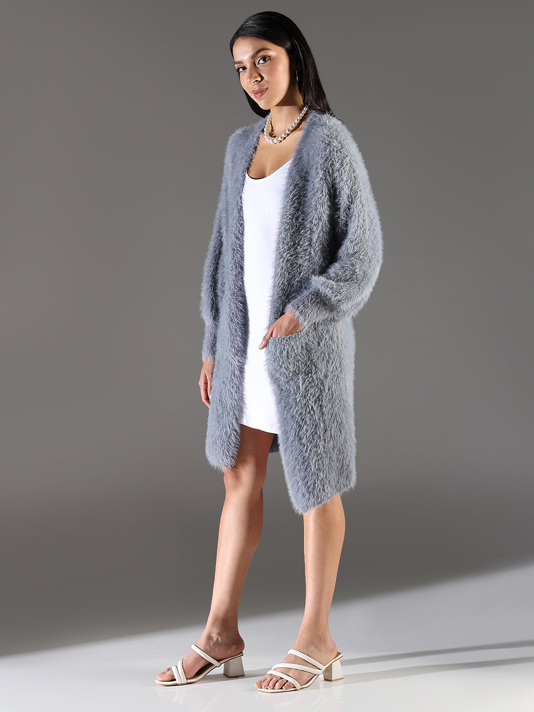 Women Grey Solid Longline Shrug