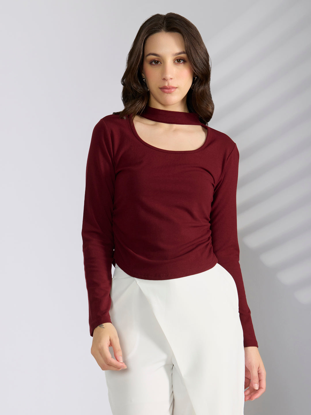 Women's Maroon Choker Neck Long Sleeve Ruched Top