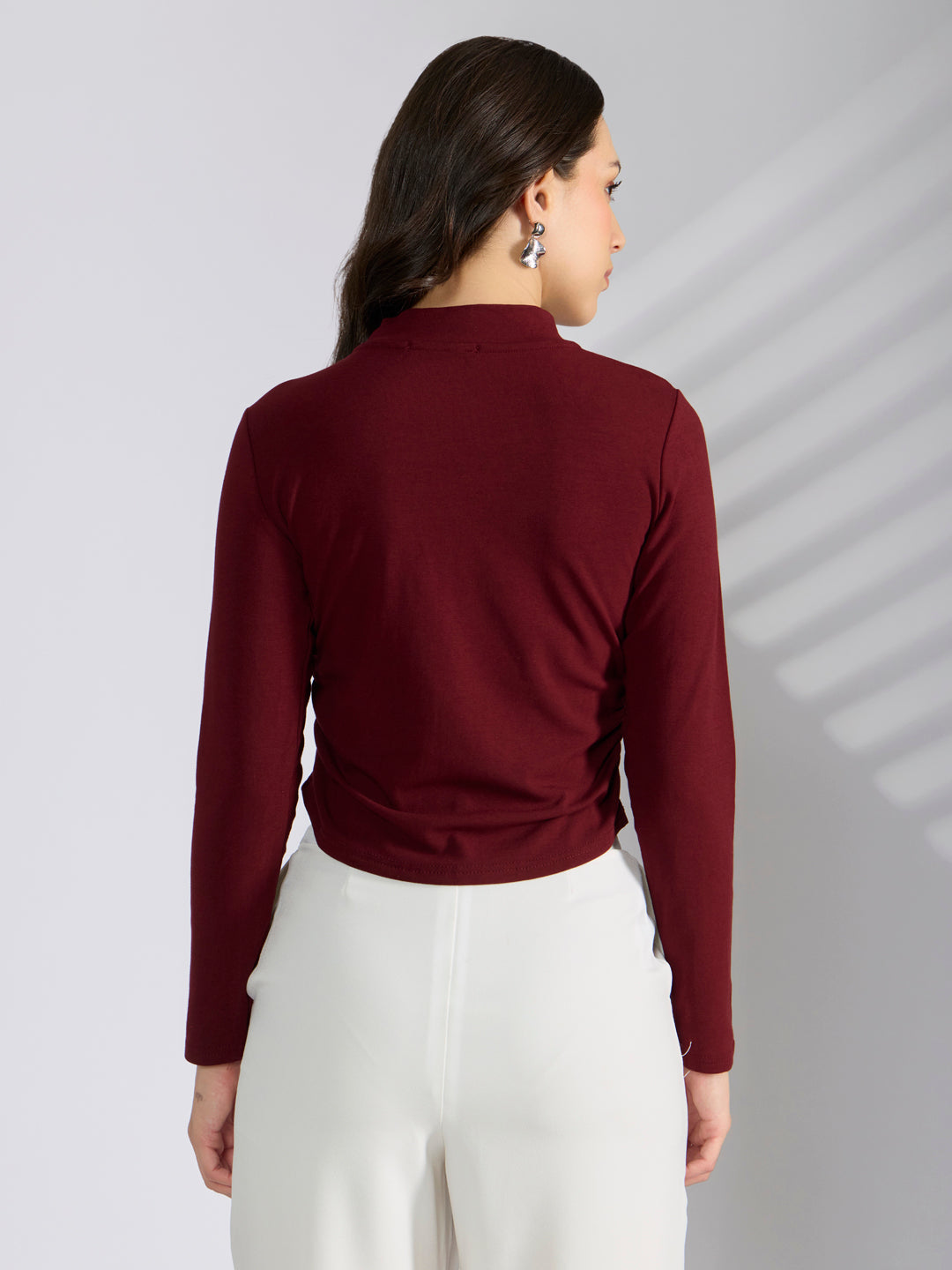 Women's Maroon Choker Neck Long Sleeve Ruched Top