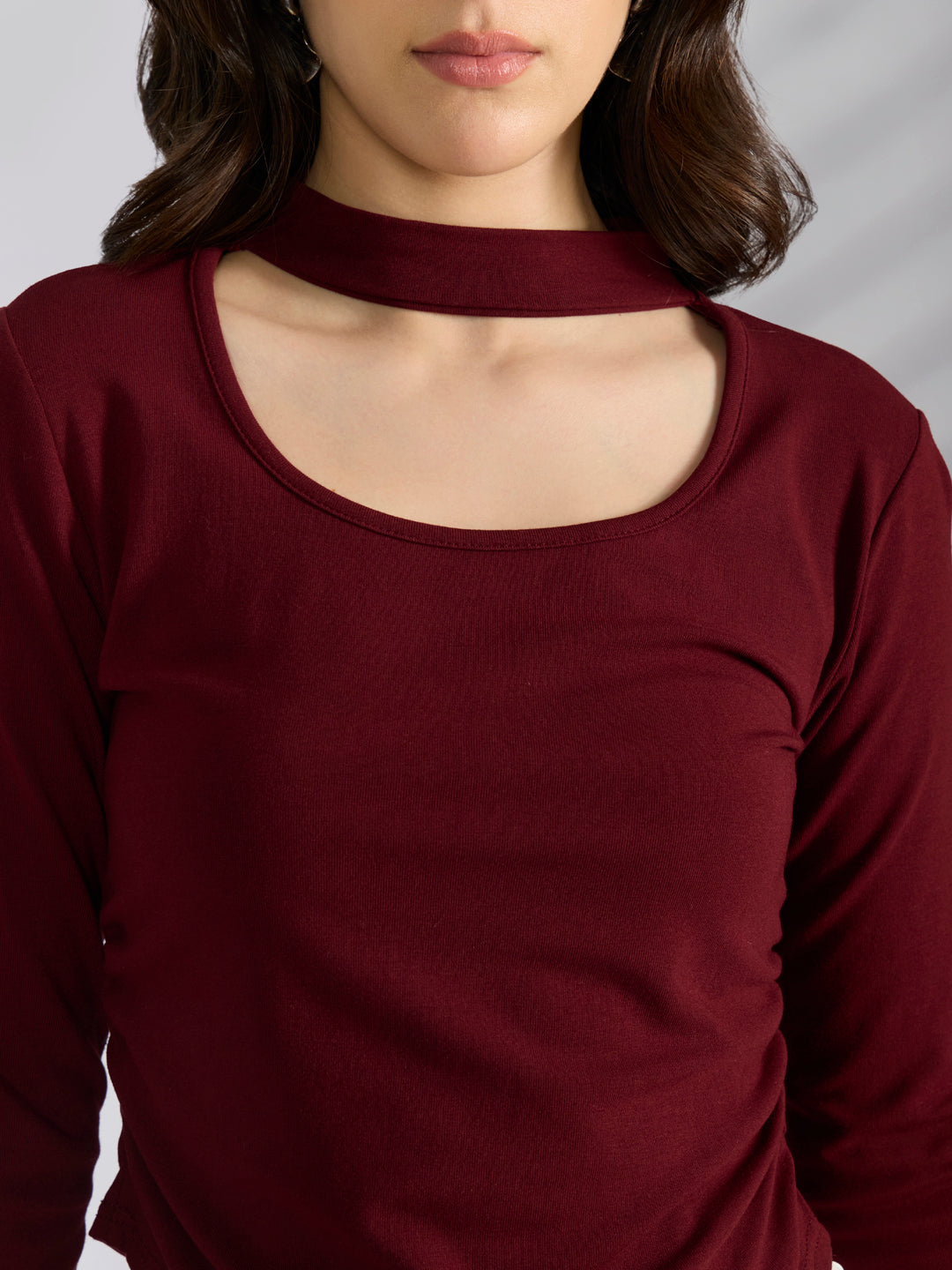 Women's Maroon Choker Neck Long Sleeve Ruched Top