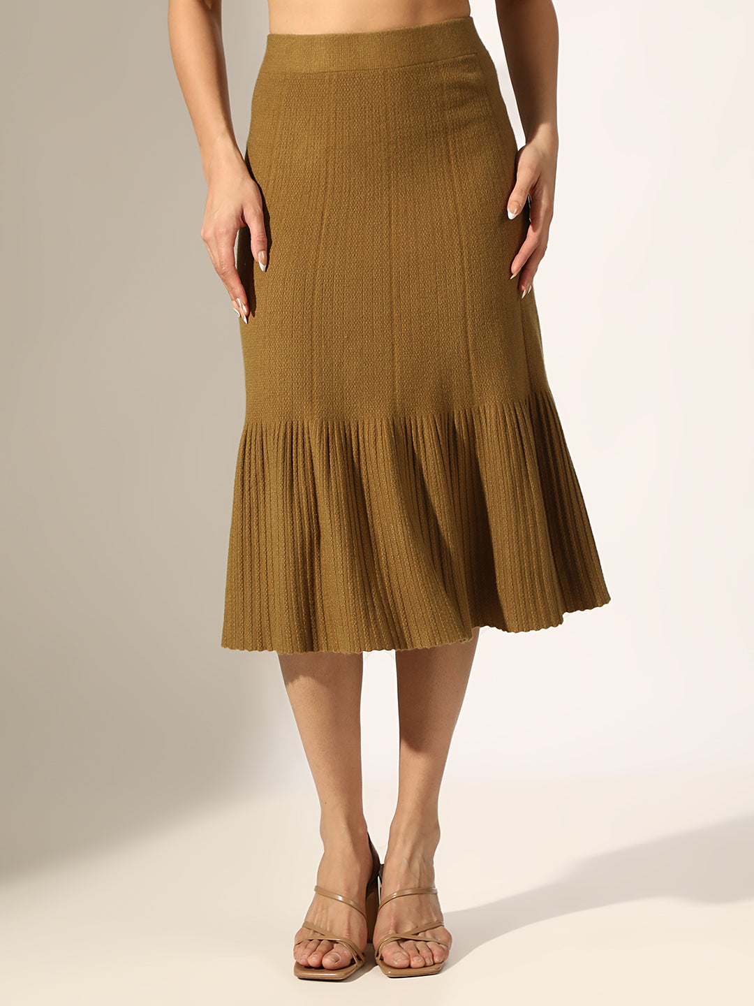 Women's Ribbed Olive Trumpet Midi Skirt