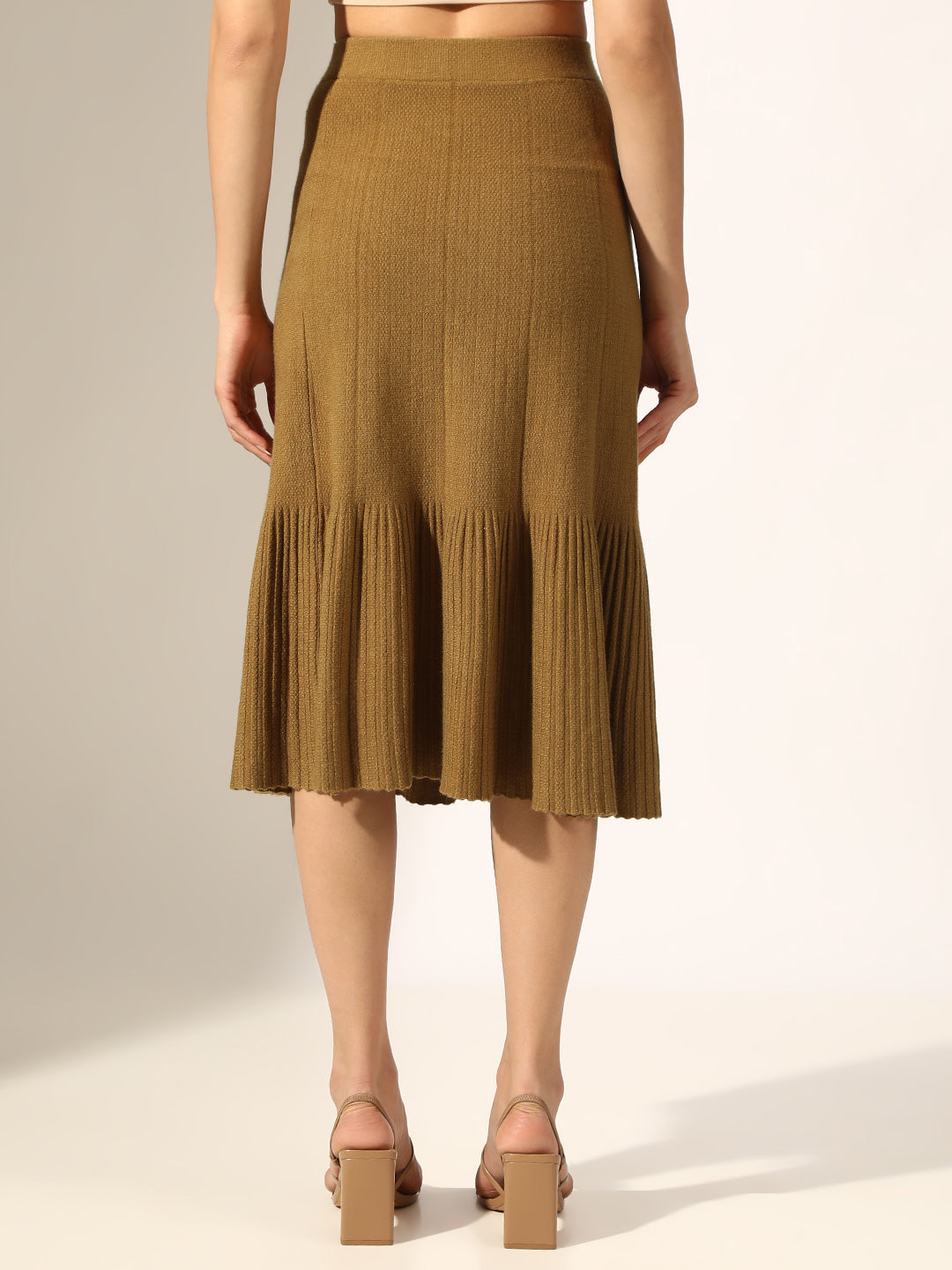 Women's Ribbed Olive Trumpet Midi Skirt
