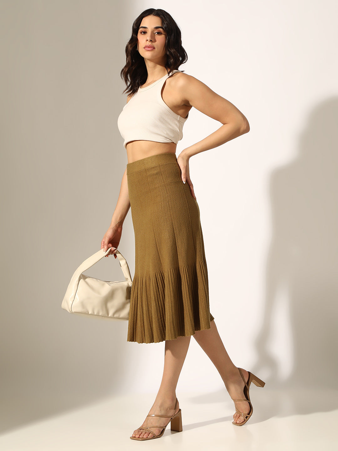 Women's Ribbed Olive Trumpet Midi Skirt