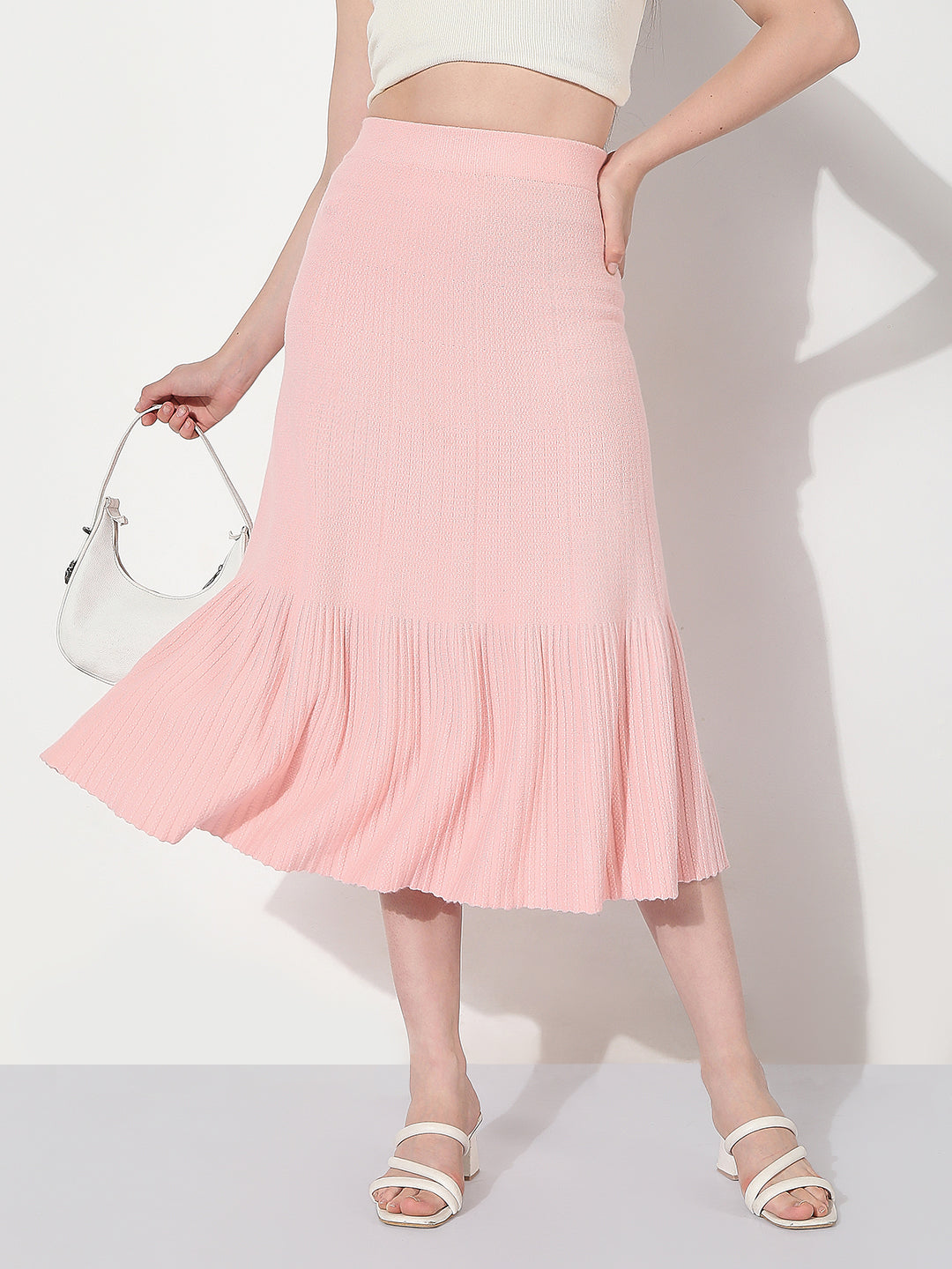 Women's Ribbed Pink Trumpet Midi Skirt