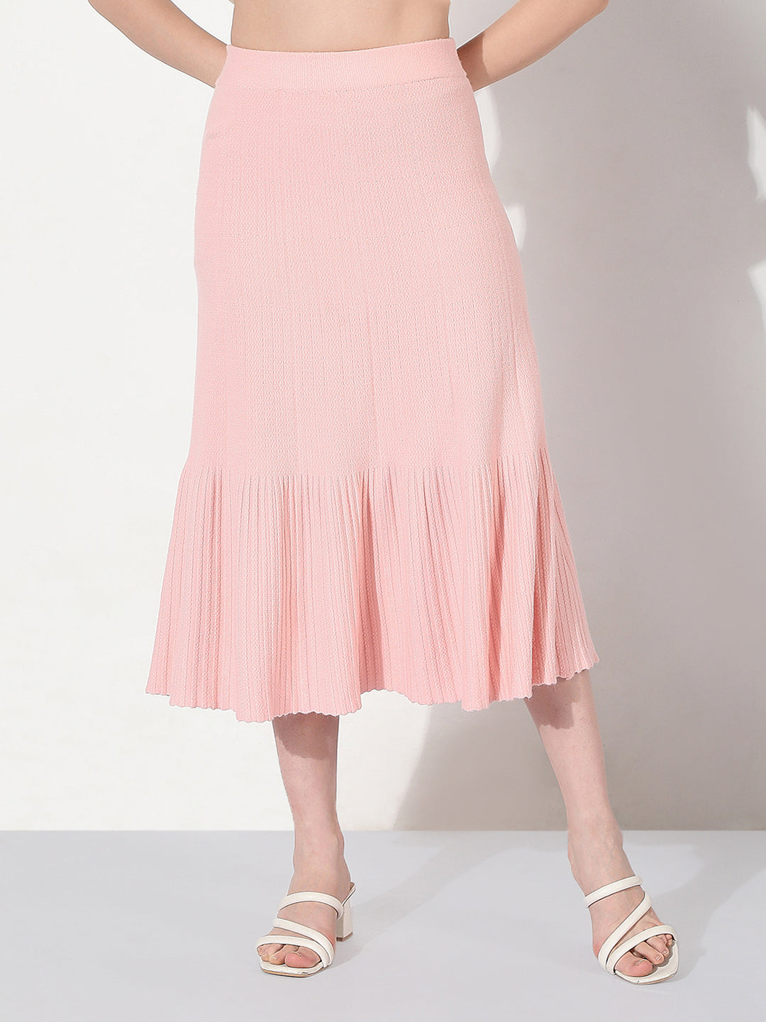 Women's Ribbed Pink Trumpet Midi Skirt