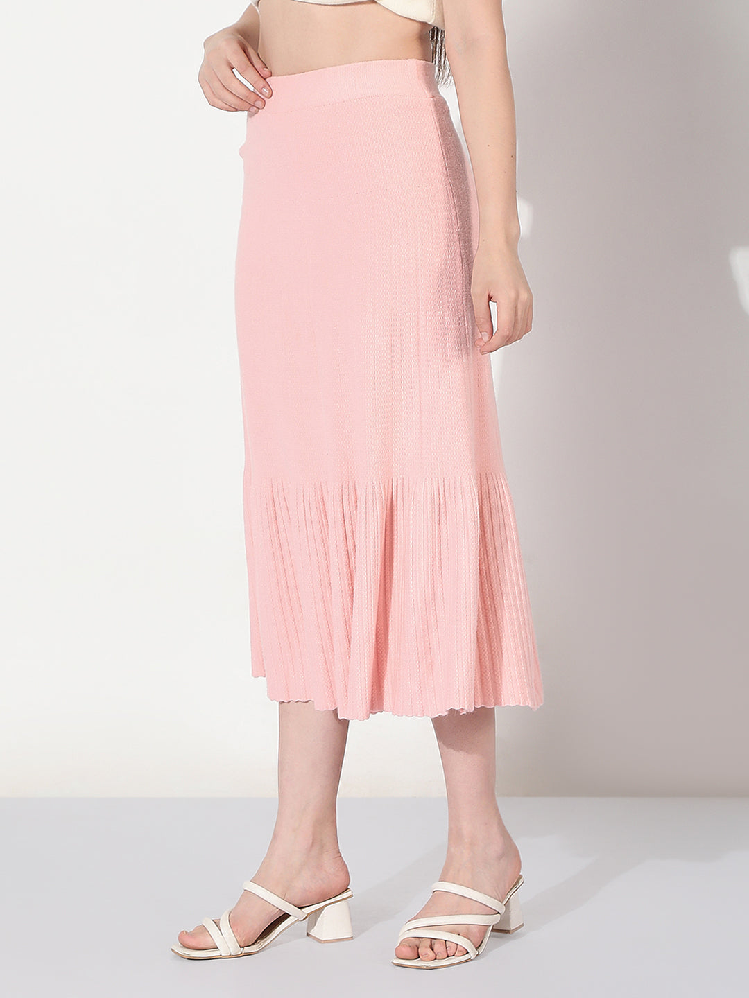 Women's Ribbed Pink Trumpet Midi Skirt