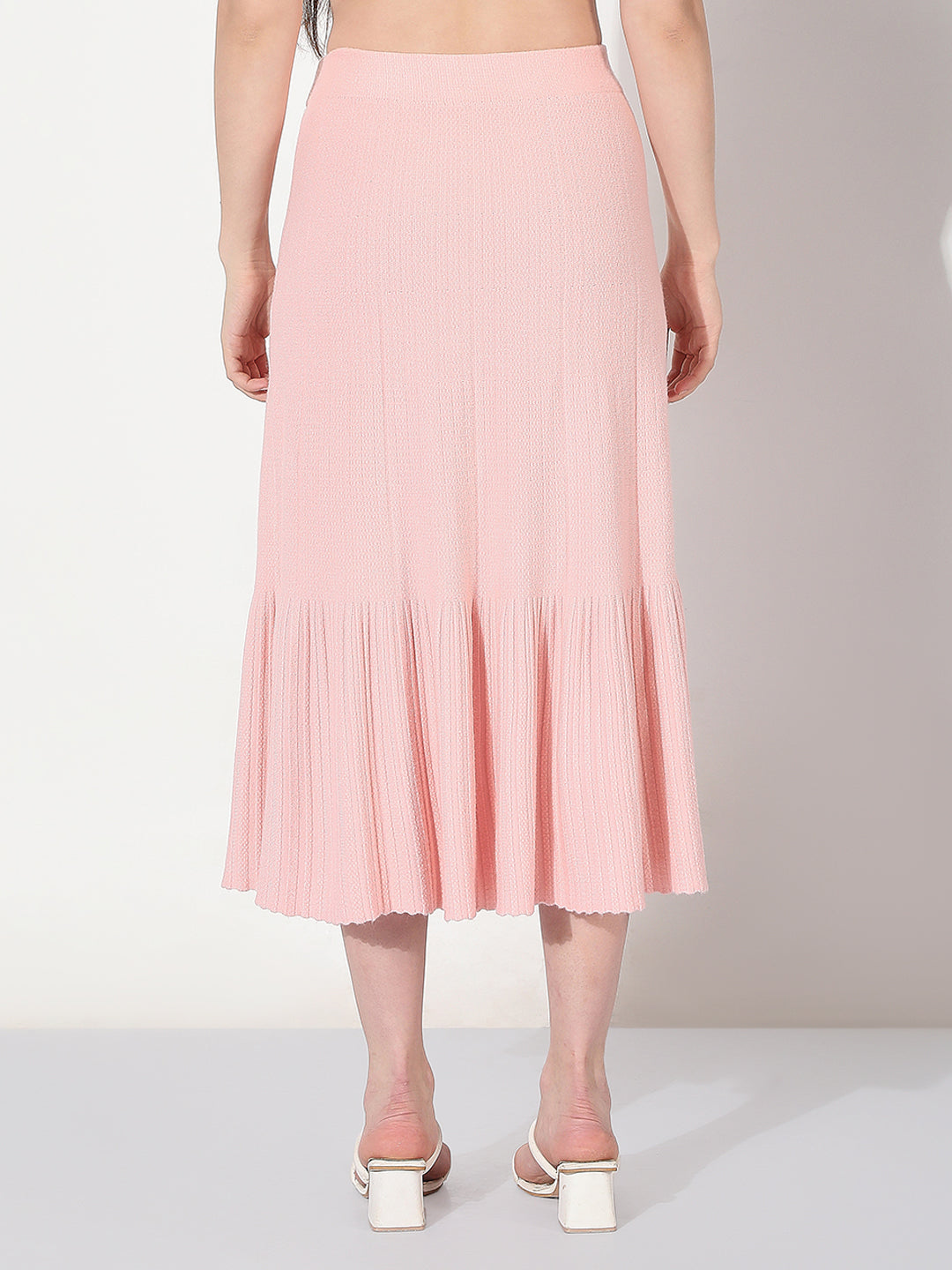 Women's Ribbed Pink Trumpet Midi Skirt