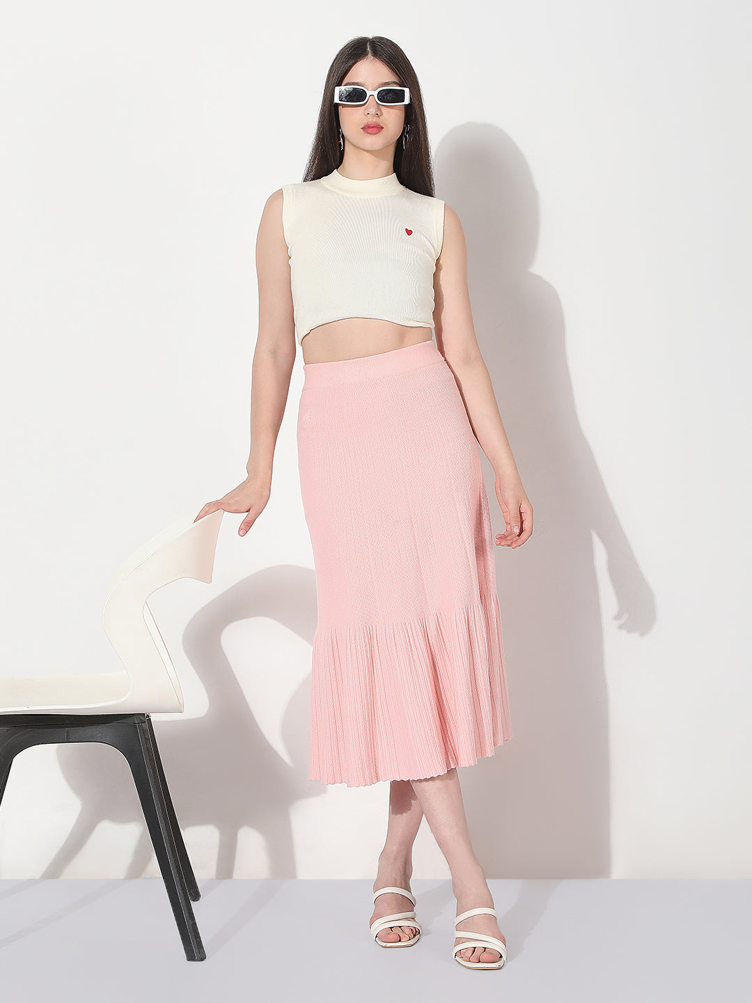 Women's Ribbed Pink Trumpet Midi Skirt
