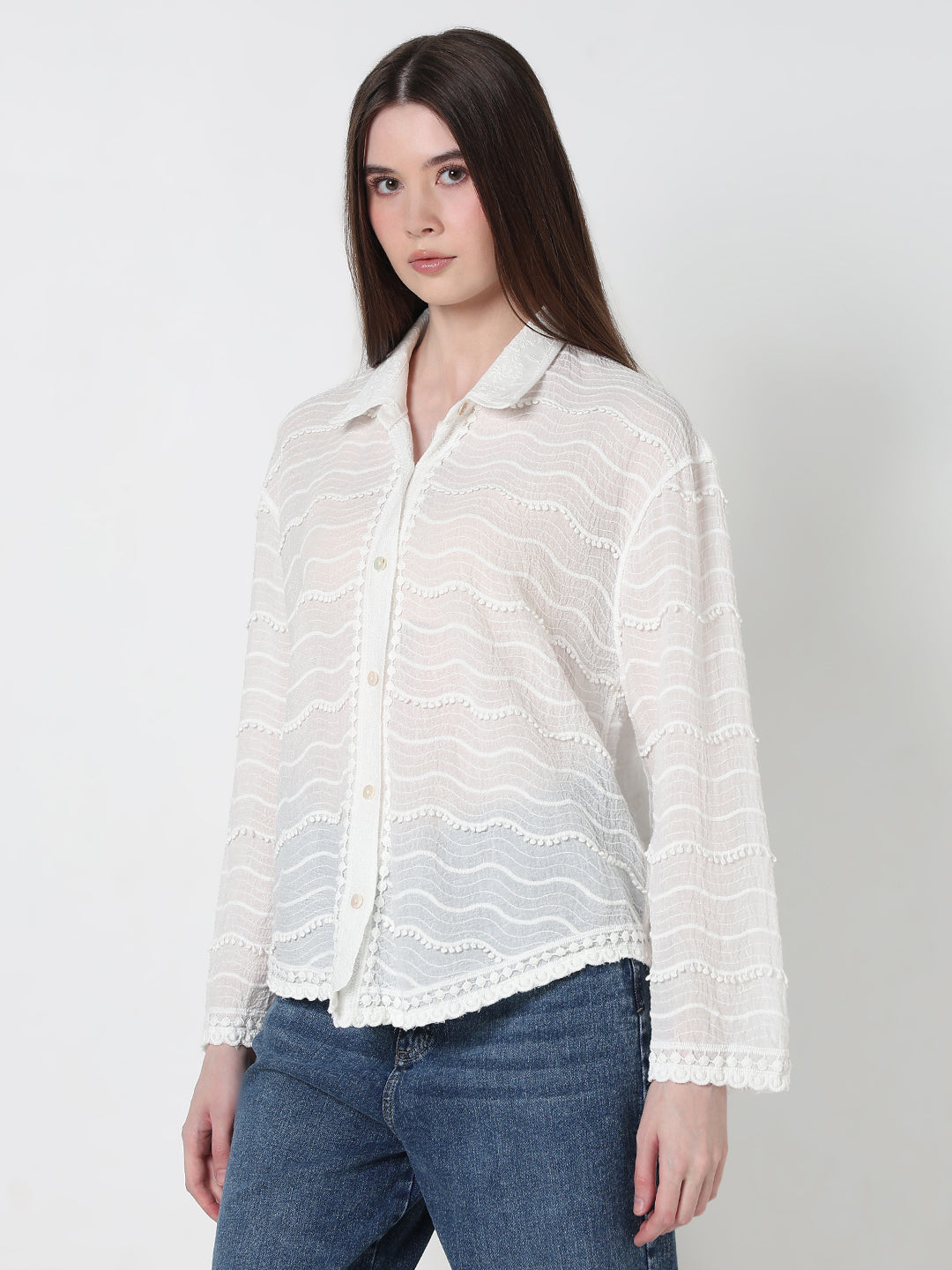 Women's Textured White Relaxed Fit Sheer Button-Down Shirt