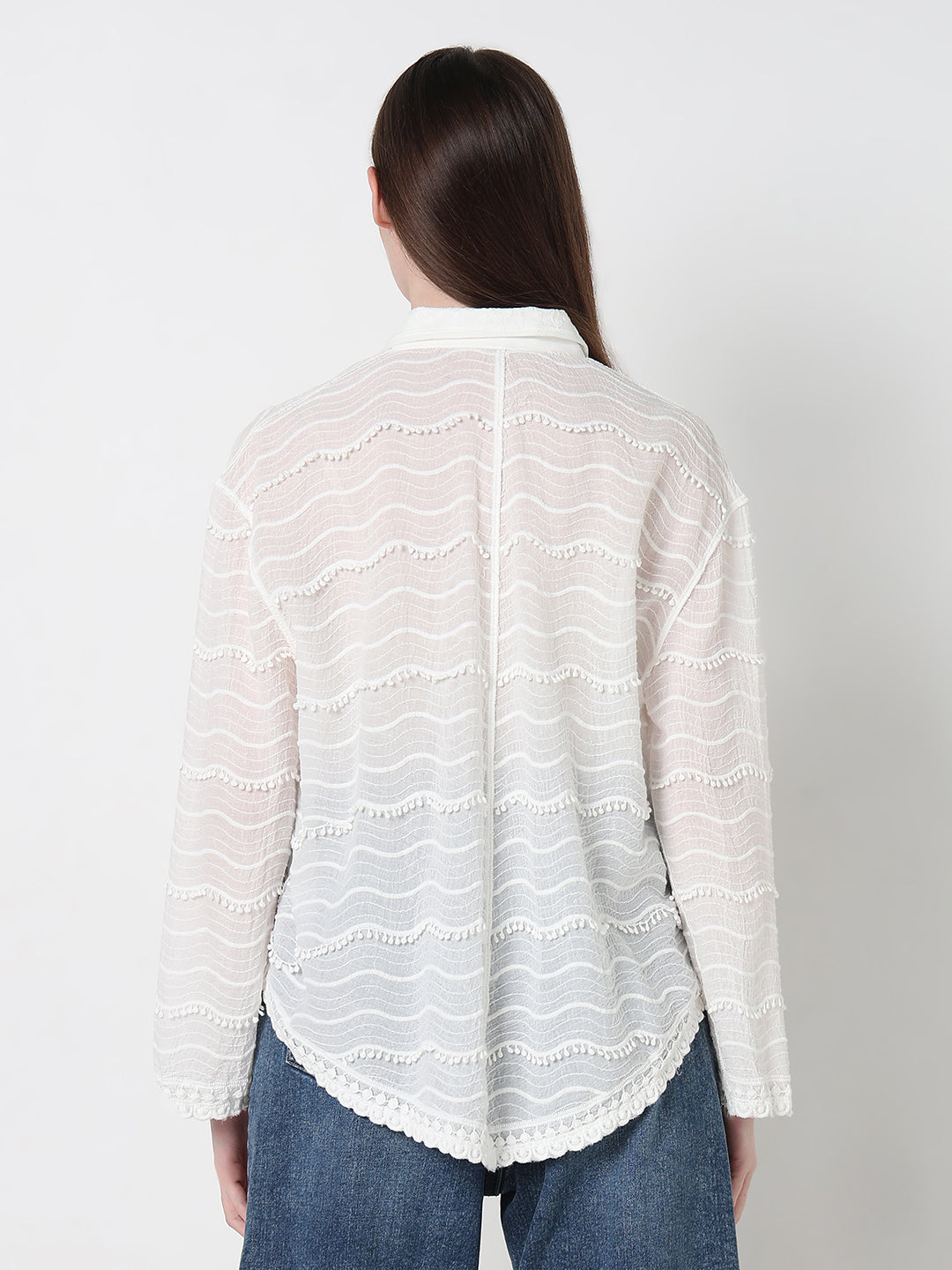 Women's Textured White Relaxed Fit Sheer Button-Down Shirt