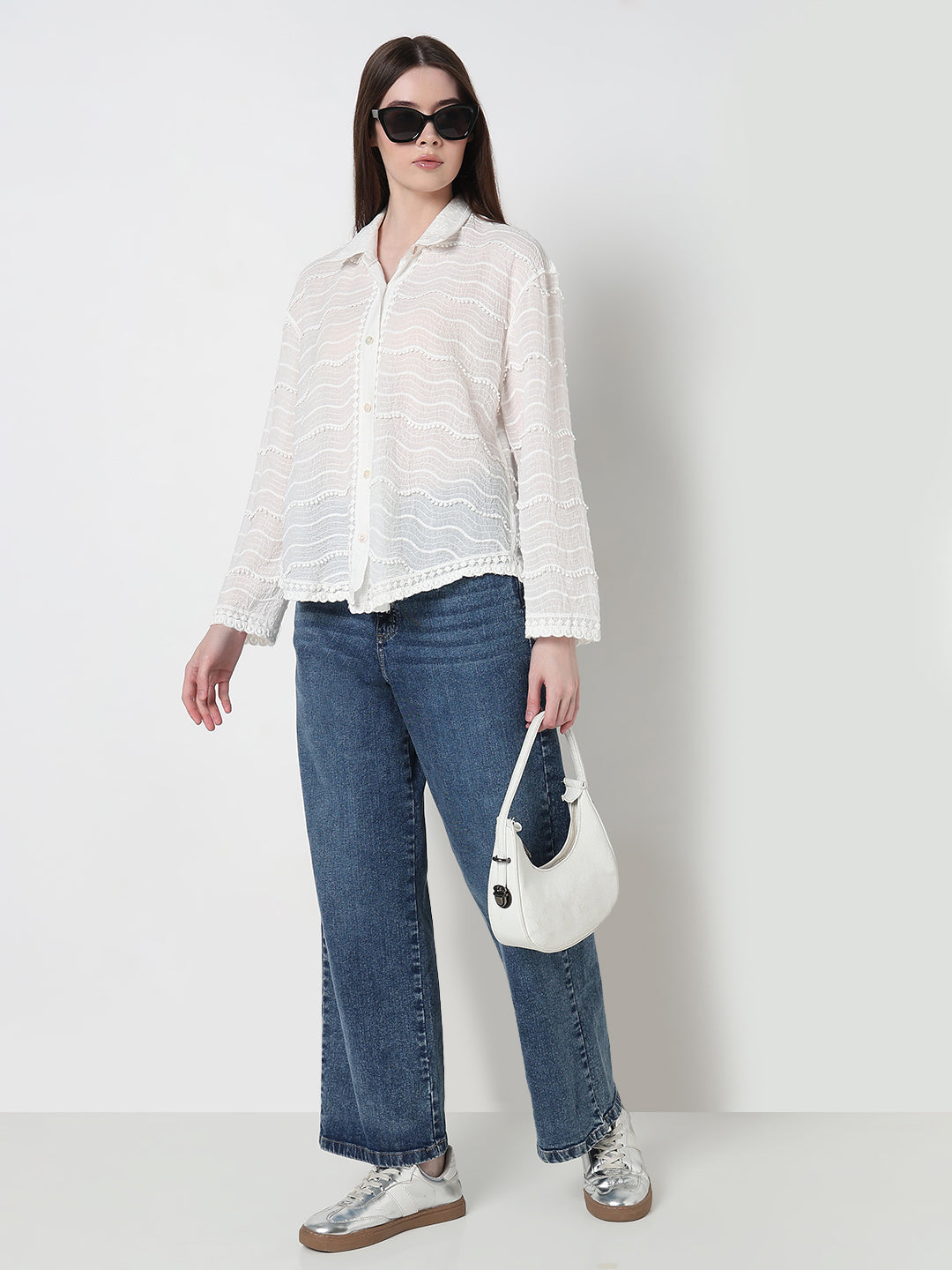 Women's Textured White Relaxed Fit Sheer Button-Down Shirt