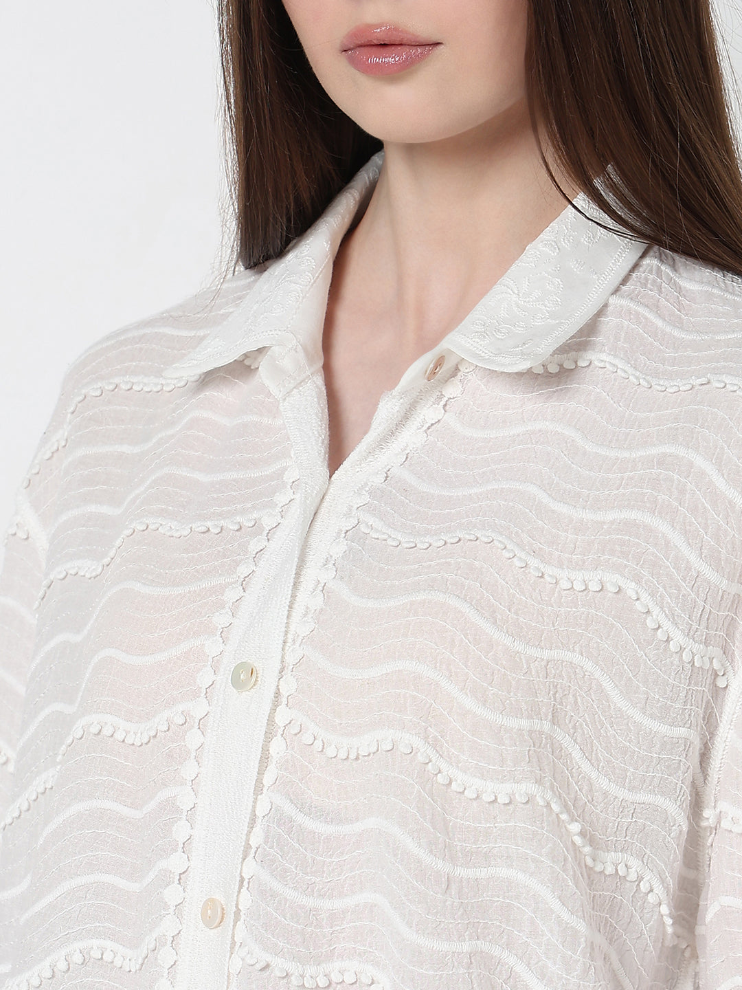 Women's Textured White Relaxed Fit Sheer Button-Down Shirt