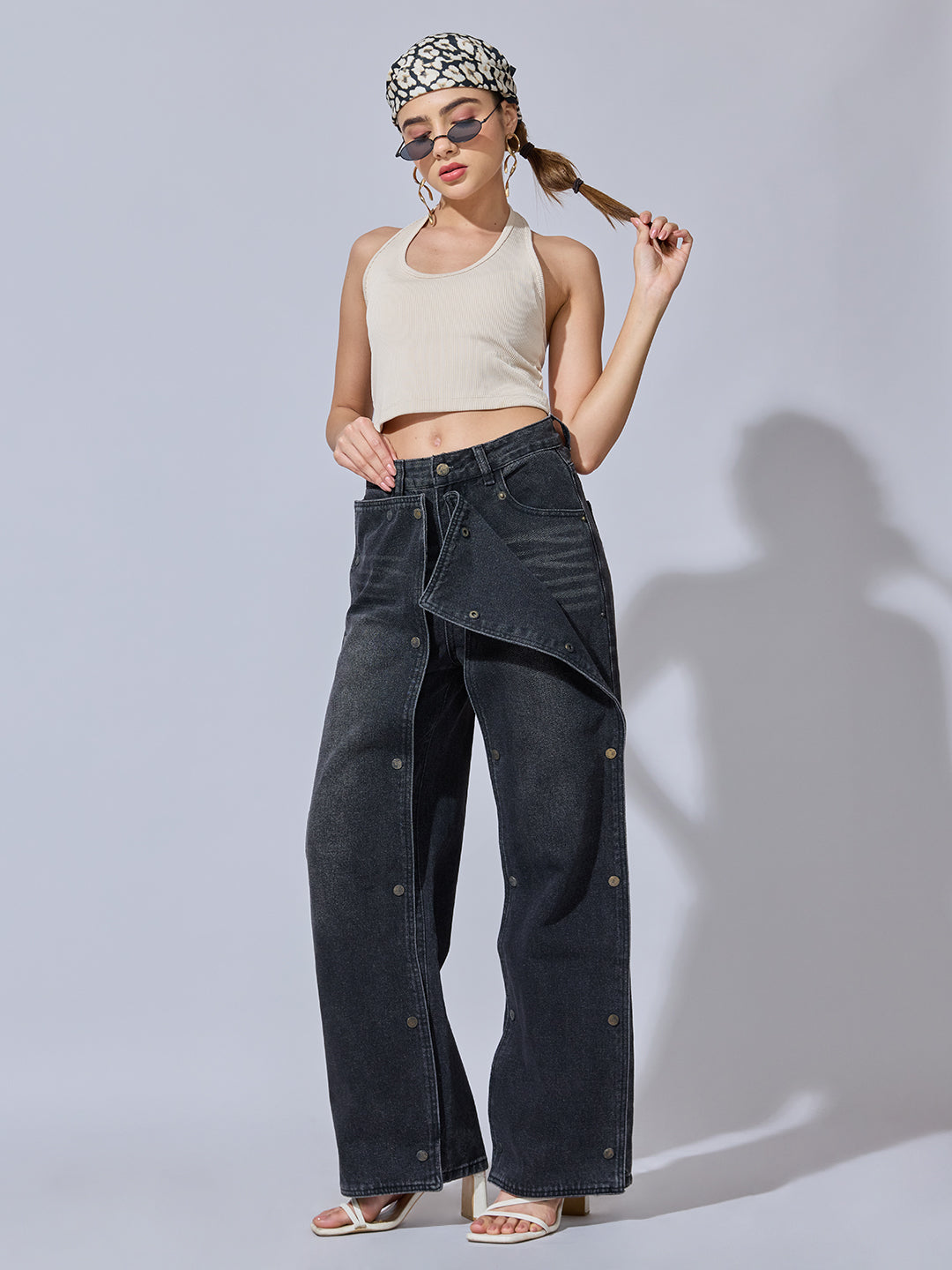 Women's Black High-Rise Wide Leg Jeans with Detachable Front Panels