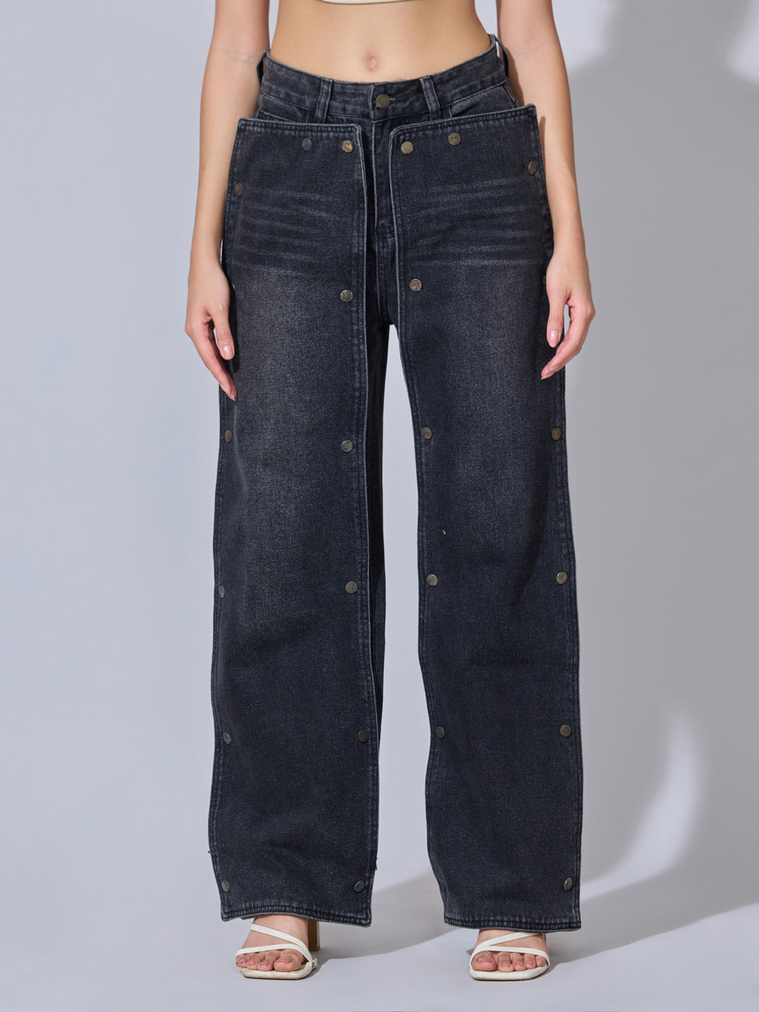 Women's Black High-Rise Wide Leg Jeans with Detachable Front Panels