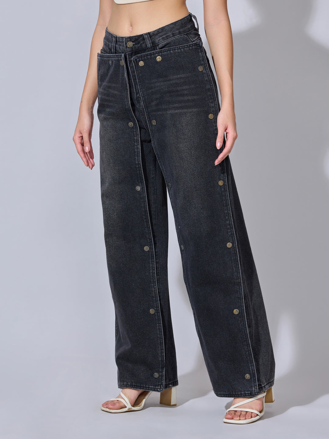 Women's Black High-Rise Wide Leg Jeans with Detachable Front Panels