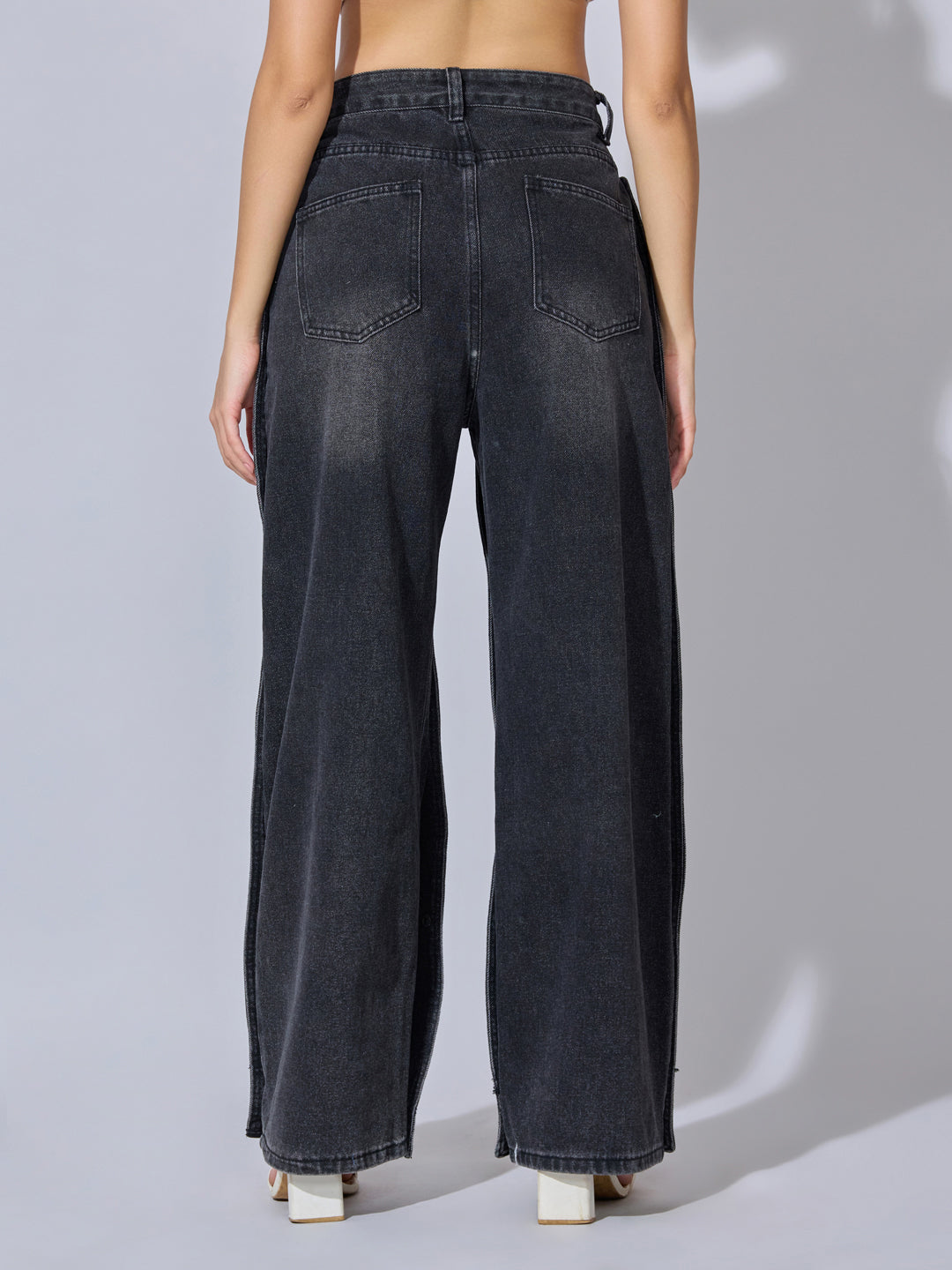 Women's Black High-Rise Wide Leg Jeans with Detachable Front Panels