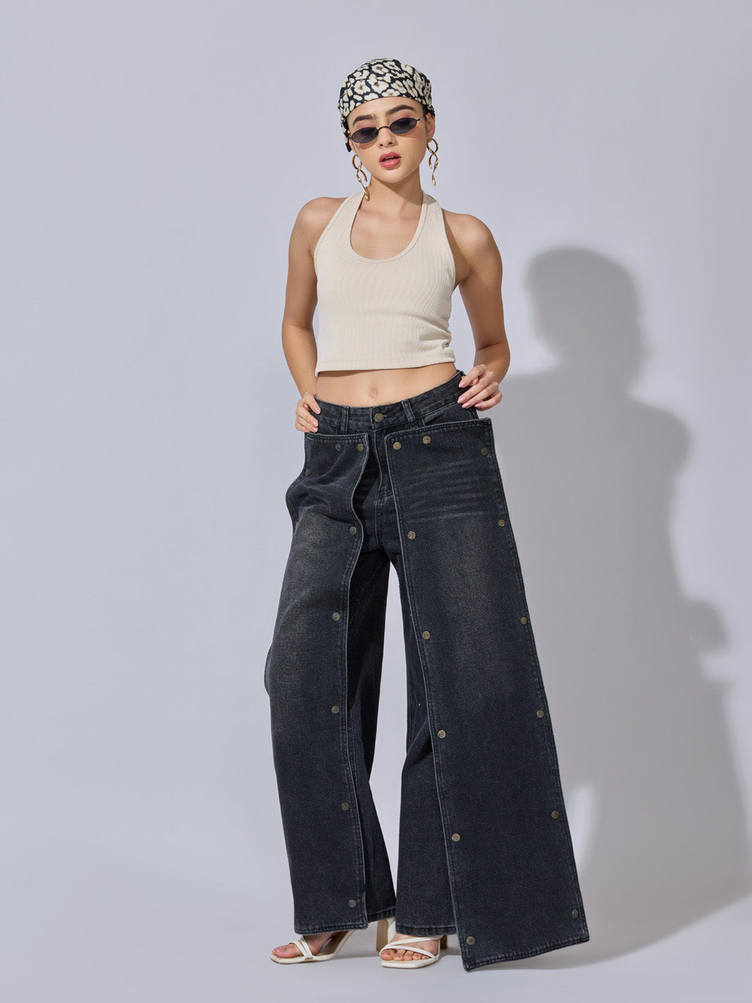 Women's Black High-Rise Wide Leg Jeans with Detachable Front Panels