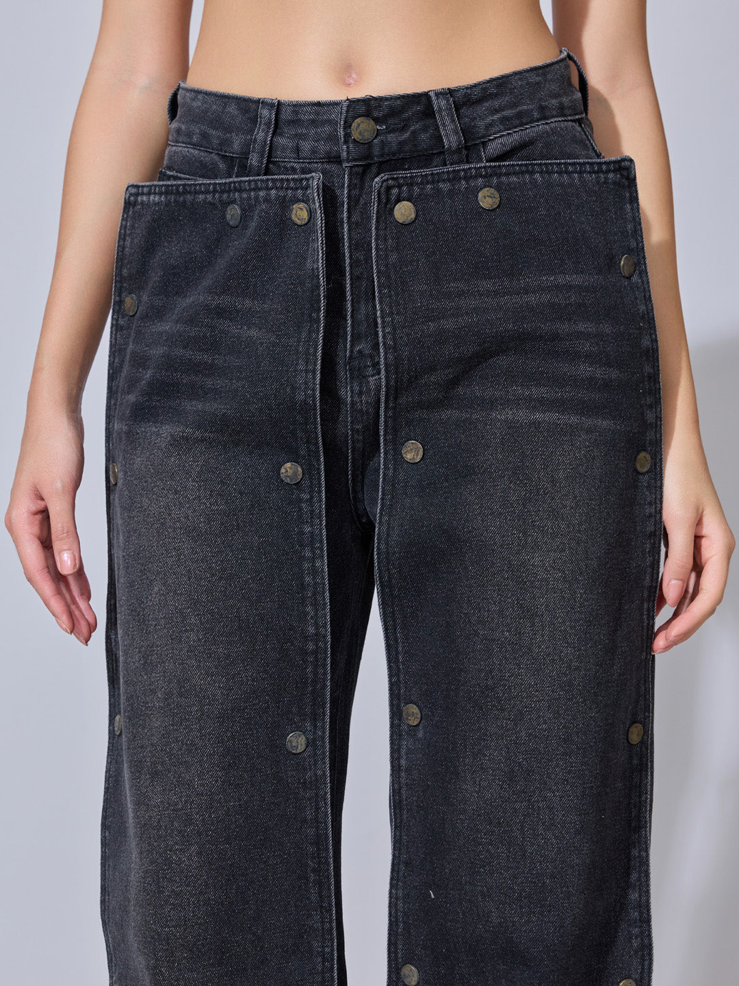 Women's Black High-Rise Wide Leg Jeans with Detachable Front Panels