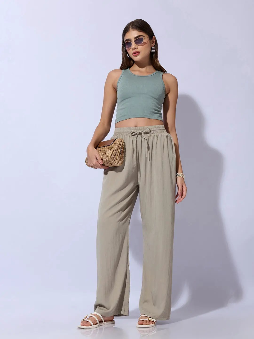 Women's Green Solid Straight Fit Parallel Palazzos - Uncategorized from SHOWOFFFF