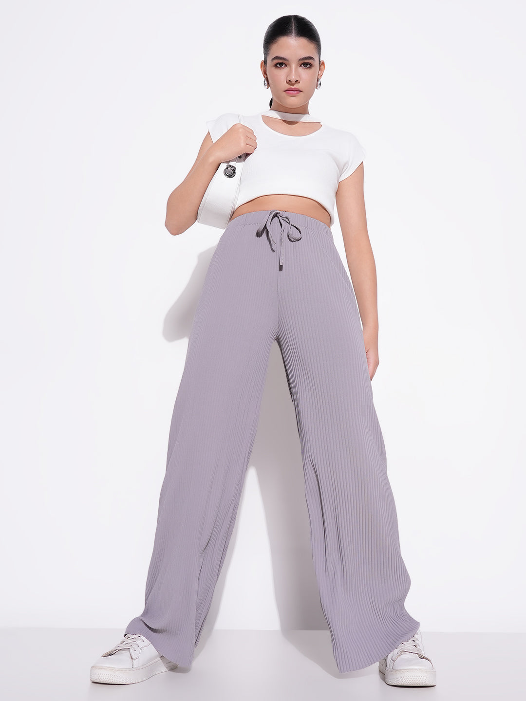 Women Grey Solid Parallel Trousers