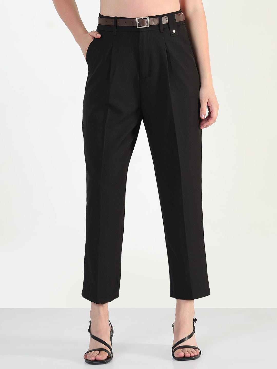 Women's Black Straight Fit Korean Pants with Belt