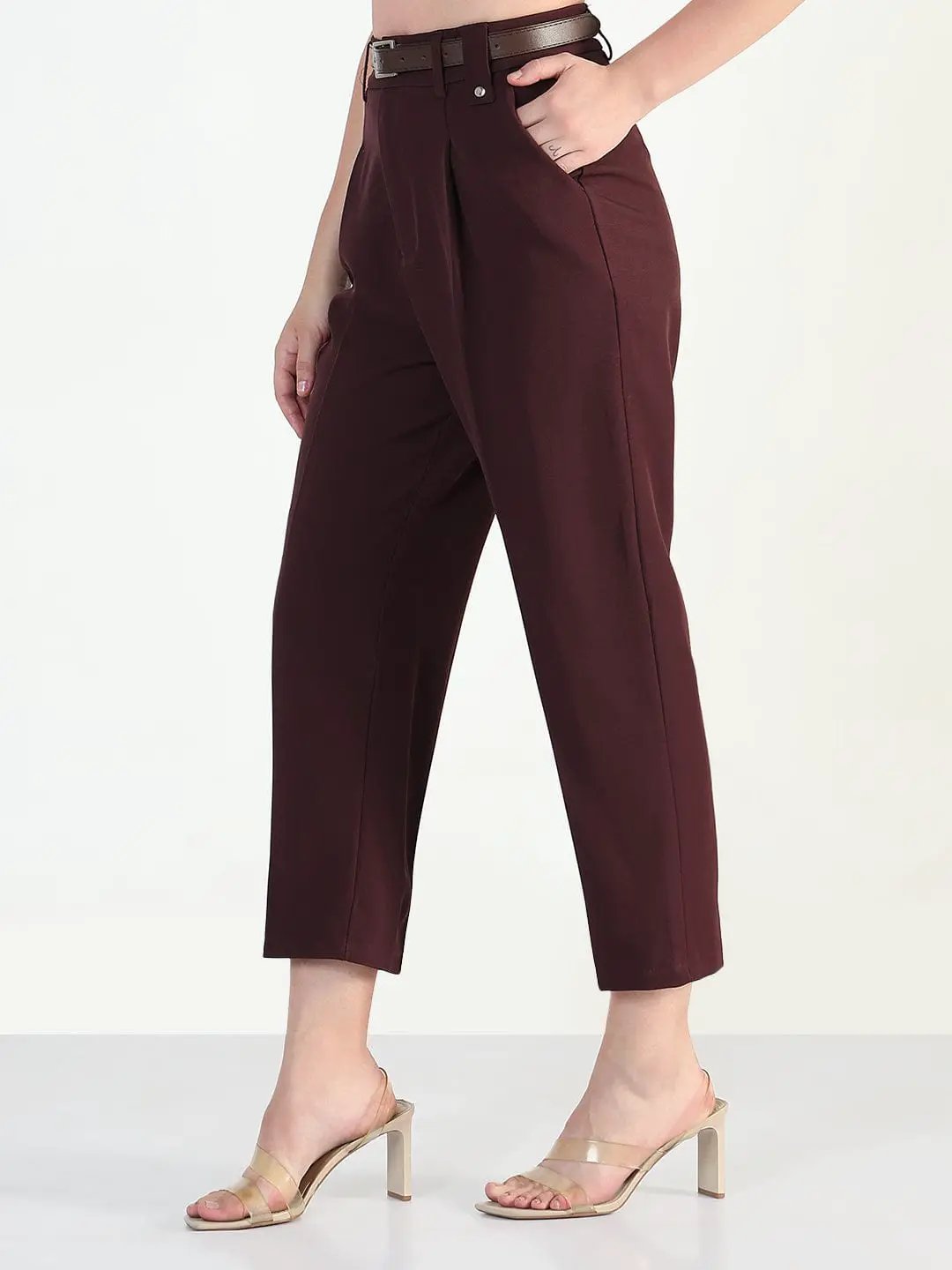 Women's Burgundy Straight Fit Korean Pants with Belt - from SHOWOFFFF