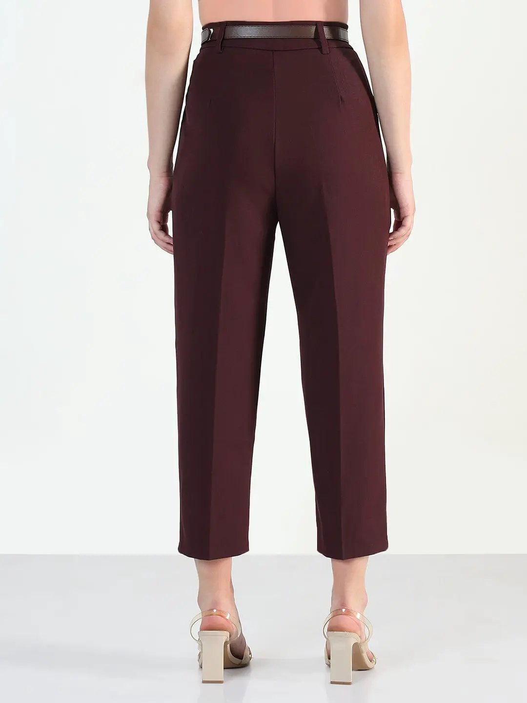 Women's Burgundy Straight Fit Korean Pants with Belt - from SHOWOFFFF