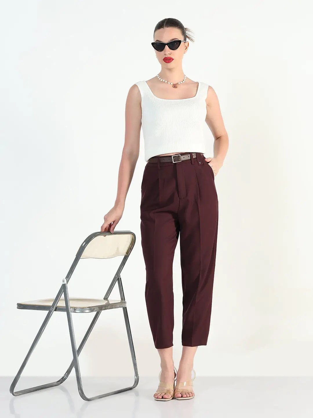Women's Burgundy Straight Fit Korean Pants with Belt - from SHOWOFFFF