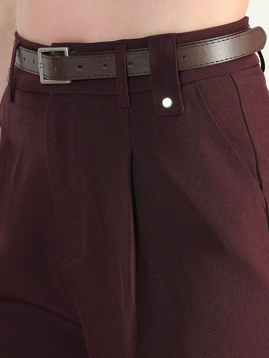 Women's Burgundy Straight Fit Korean Pants with Belt - from SHOWOFFFF