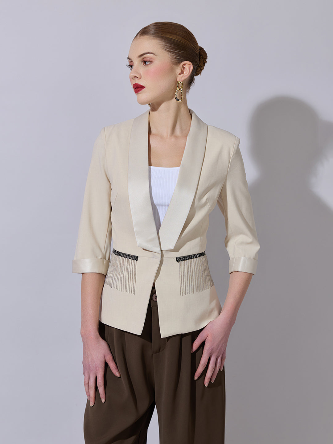 Women's Cream Blazer with Fringe Pocket Detailing