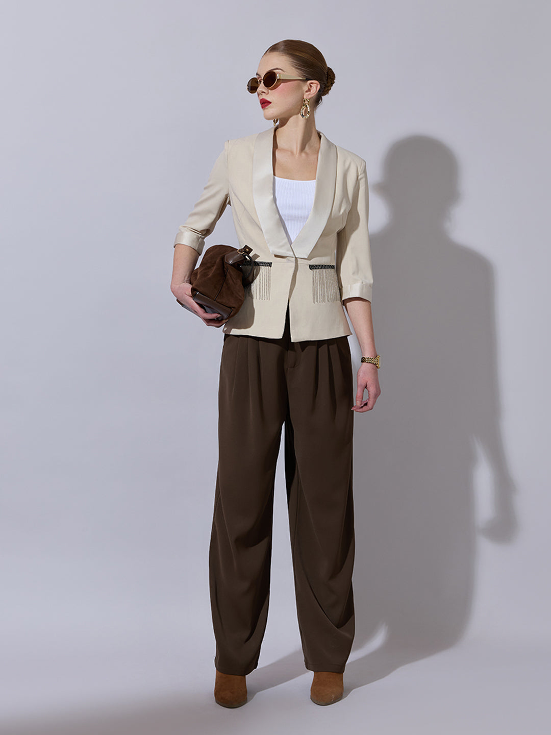 Women's Cream Blazer with Fringe Pocket Detailing