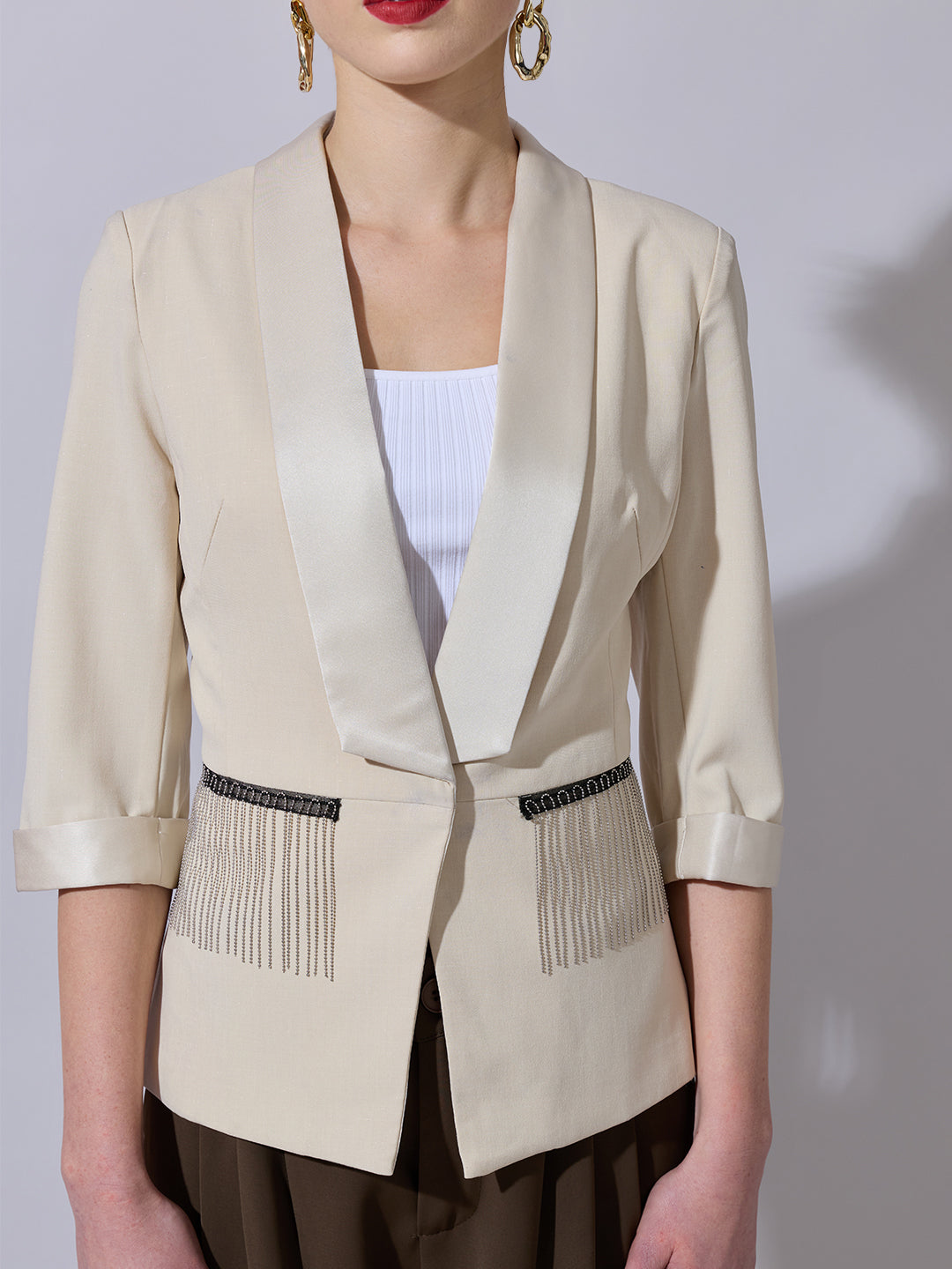 Women's Cream Blazer with Fringe Pocket Detailing