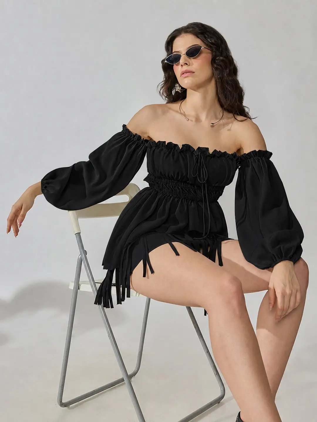 Women's Black Off-Shoulder Smocked Top with Puff Sleeves & Tie-Up Detail - from SHOWOFFFF