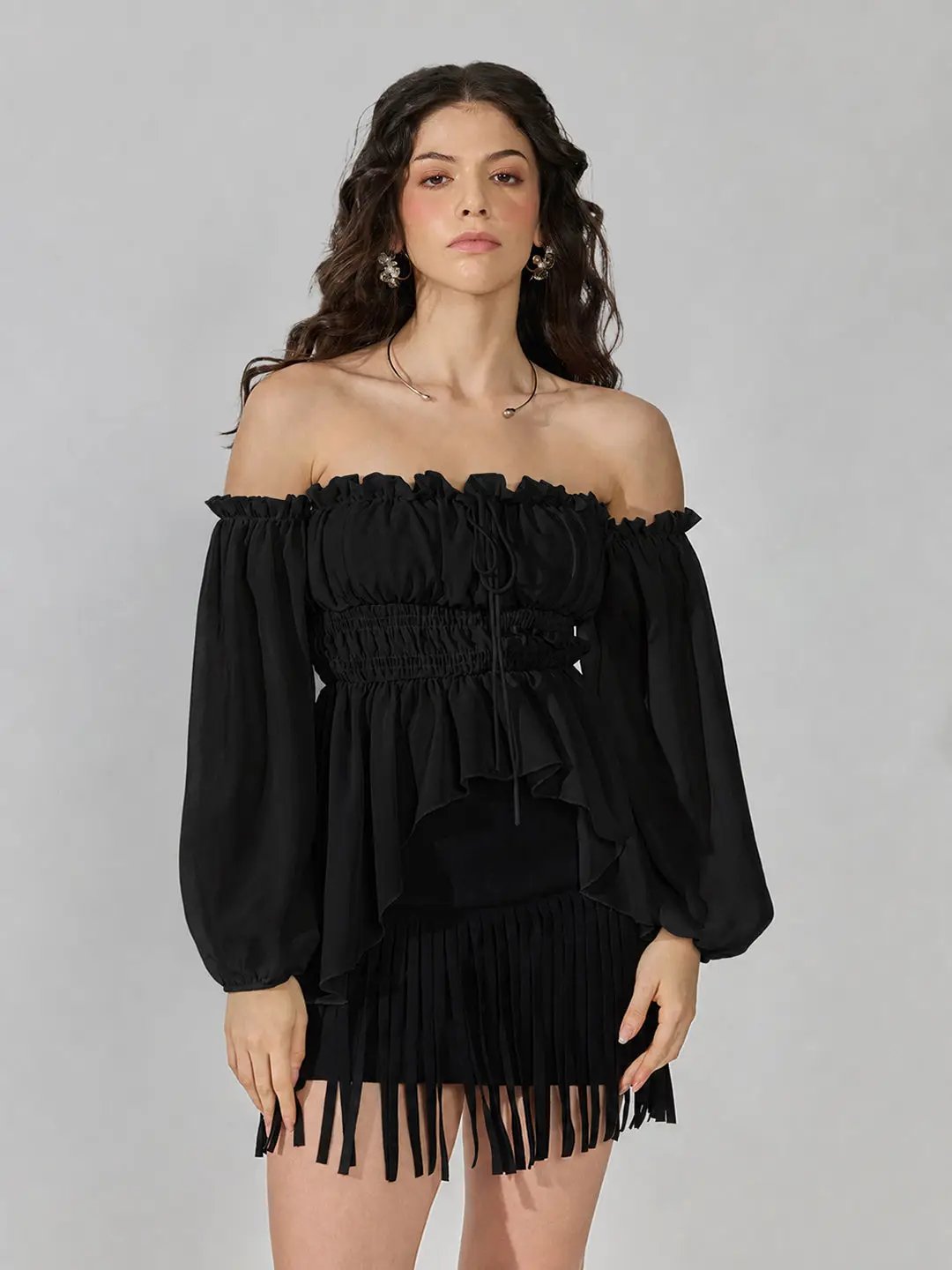 Women's Black Off-Shoulder Smocked Top with Puff Sleeves & Tie-Up Detail - from SHOWOFFFF