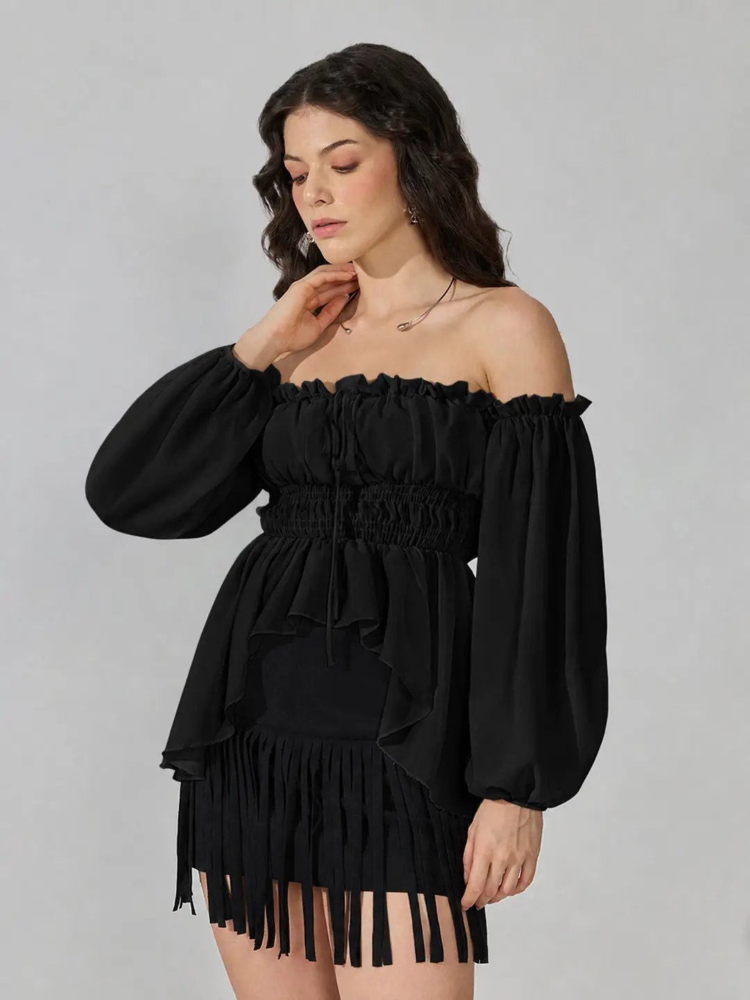 Women's Black Off-Shoulder Smocked Top with Puff Sleeves & Tie-Up Detail - from SHOWOFFFF