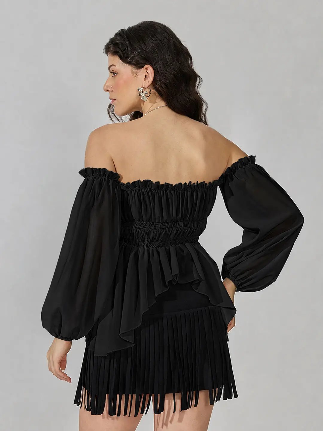 Women's Black Off-Shoulder Smocked Top with Puff Sleeves & Tie-Up Detail - from SHOWOFFFF