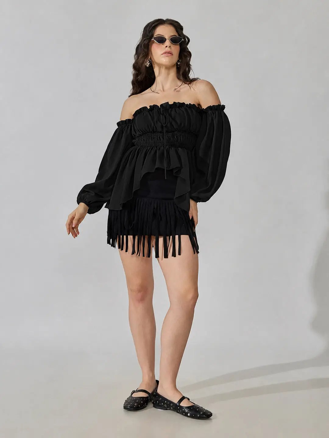 Women's Black Off-Shoulder Smocked Top with Puff Sleeves & Tie-Up Detail - from SHOWOFFFF