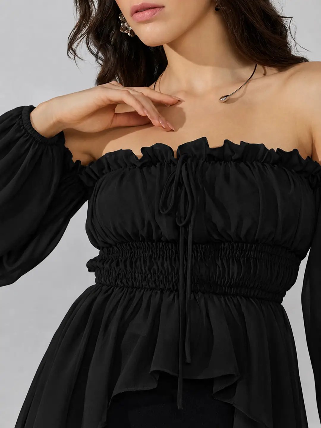 Women's Black Off-Shoulder Smocked Top with Puff Sleeves & Tie-Up Detail - from SHOWOFFFF