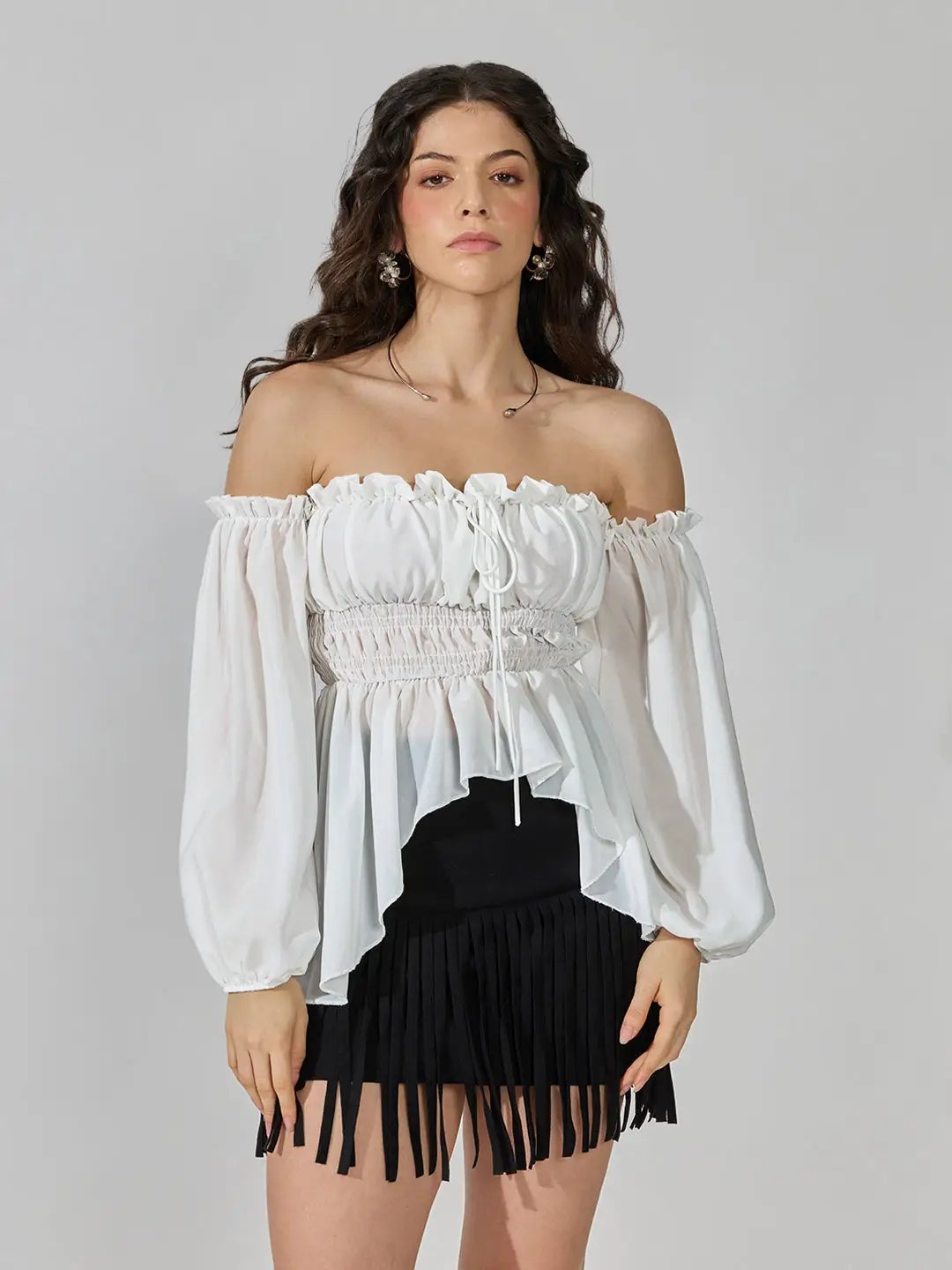 Women's White Off-Shoulder Smocked Top with Puff Sleeves & Tie-Up Detail