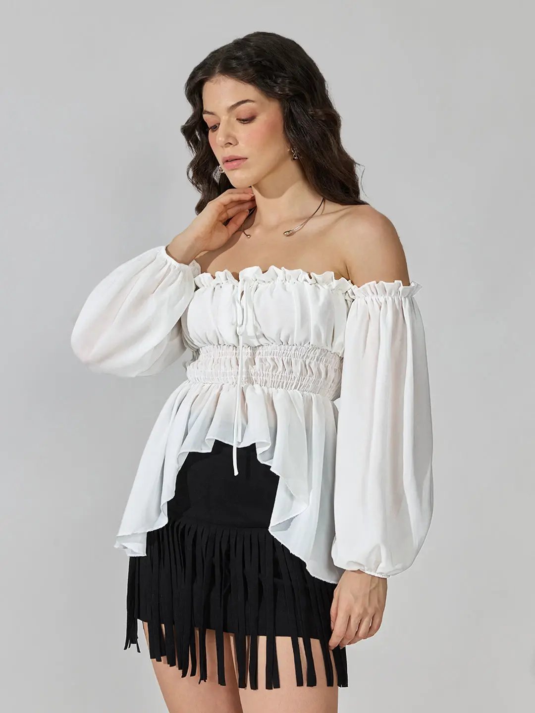 Women's White Off-Shoulder Smocked Top with Puff Sleeves & Tie-Up Detail