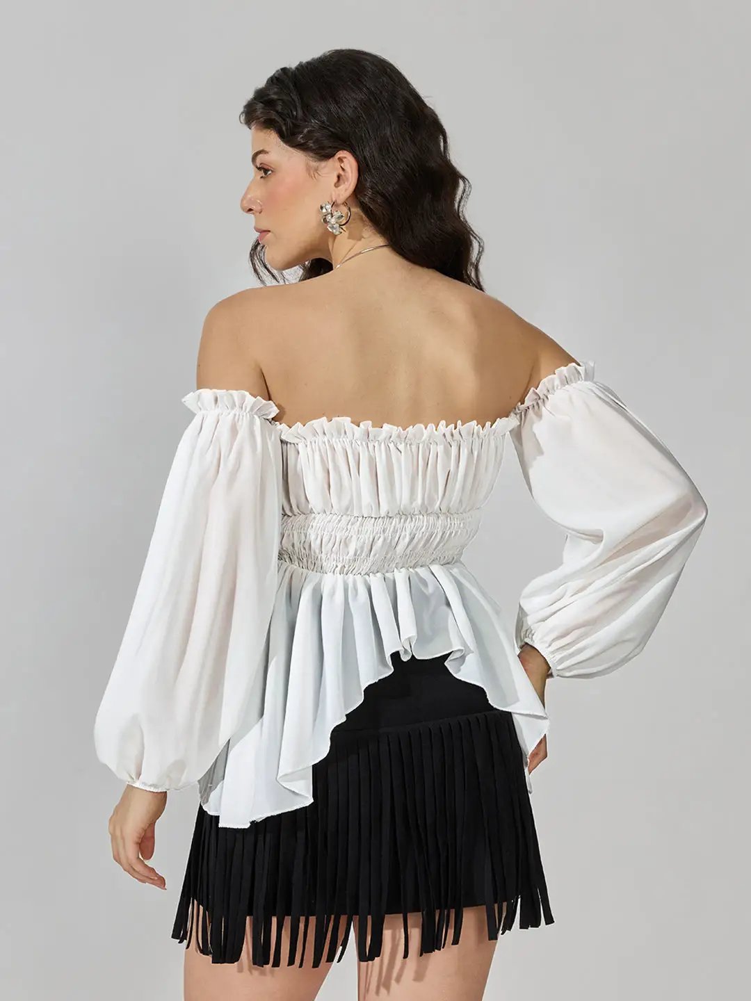 Women's White Off-Shoulder Smocked Top with Puff Sleeves & Tie-Up Detail