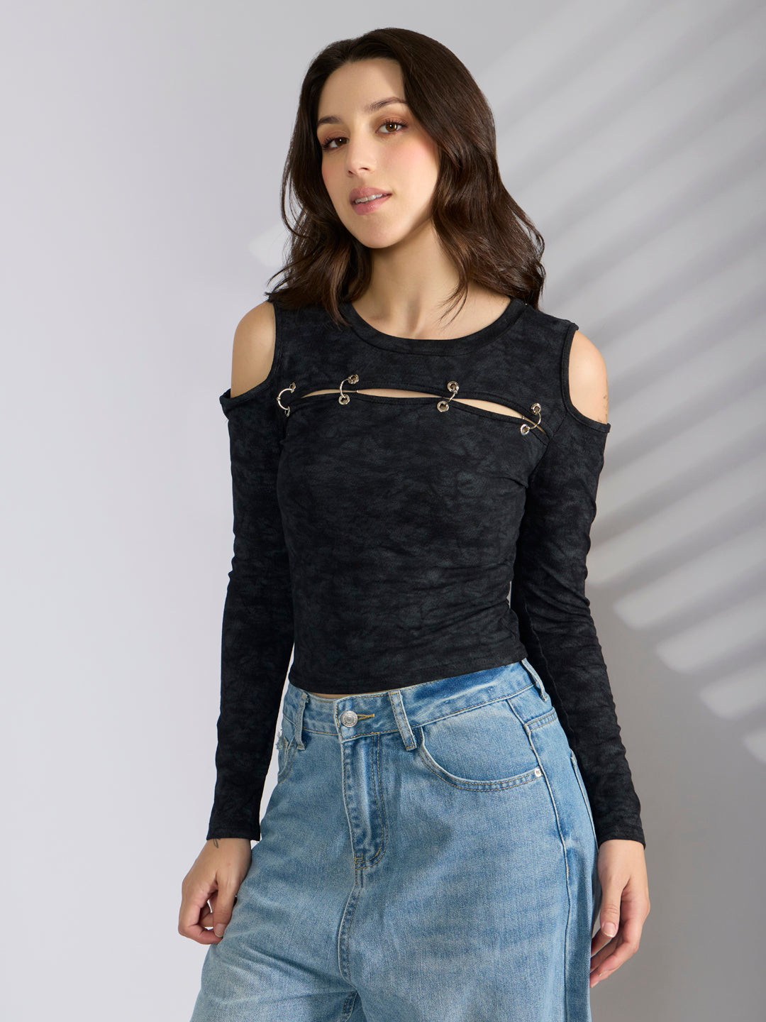 Women’s Charcoal Cold Shoulder Cut Out with Metal Ring Desig Long Sleeve Top