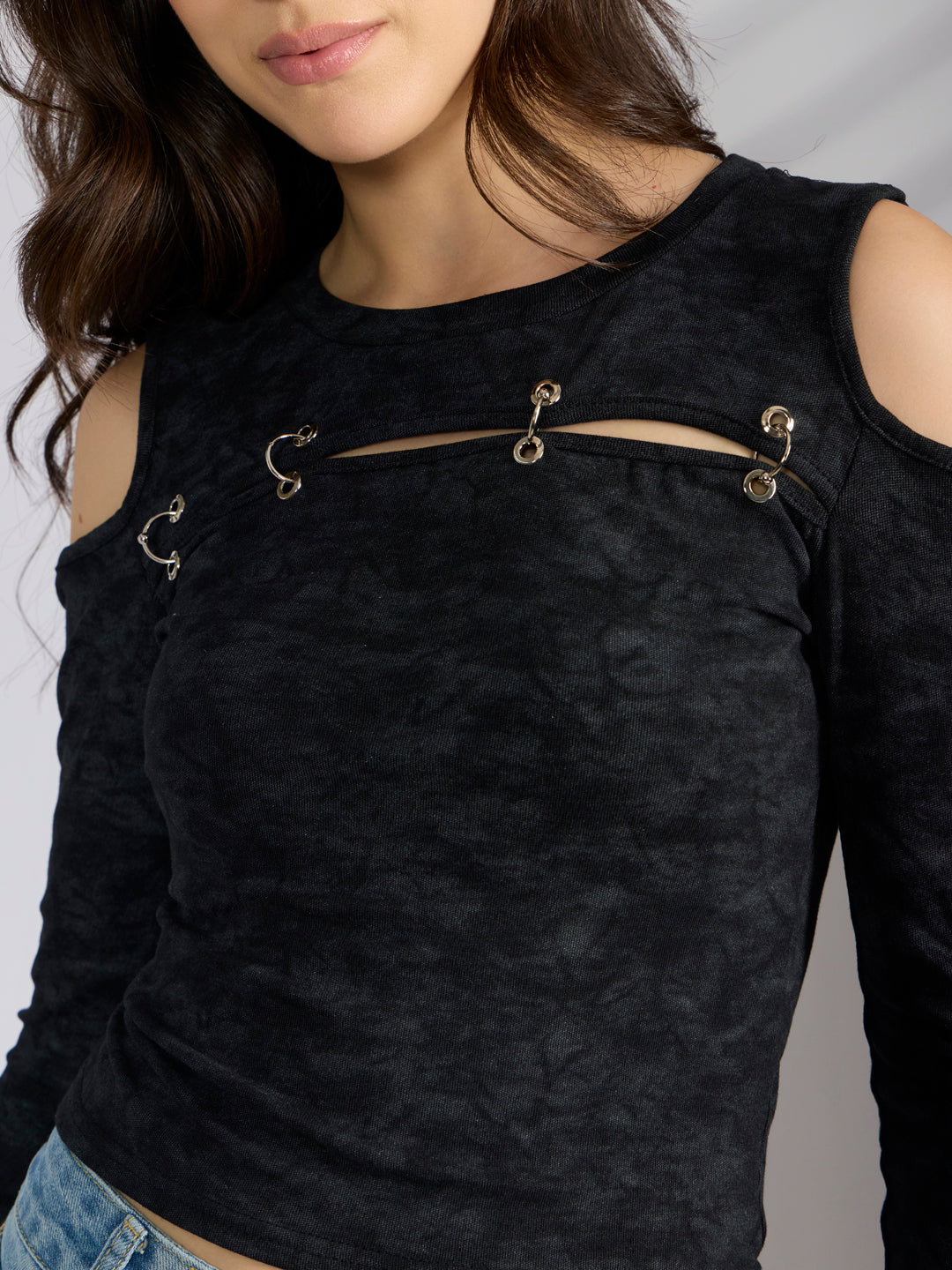 Women’s Charcoal Cold Shoulder Cut Out with Metal Ring Desig Long Sleeve Top