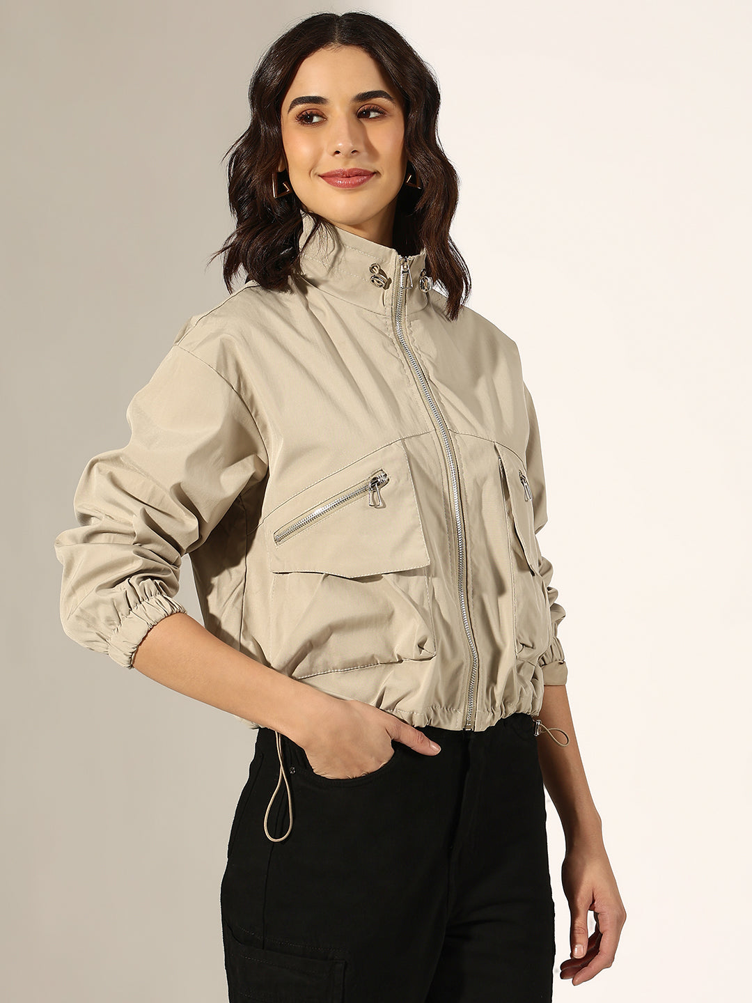 Women's Beige Bomber Jacket with Utility Pockets
