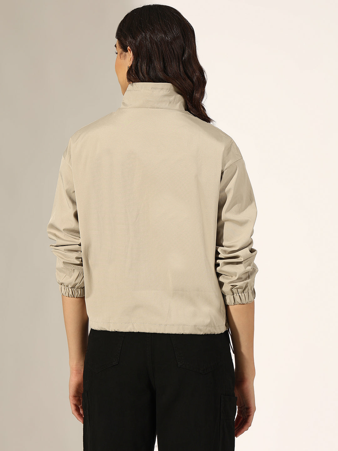 Women's Beige Bomber Jacket with Utility Pockets