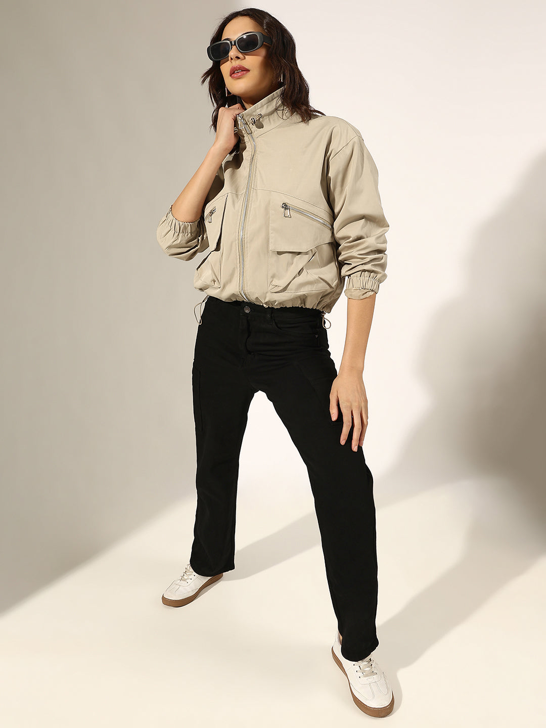 Women's Beige Bomber Jacket with Utility Pockets
