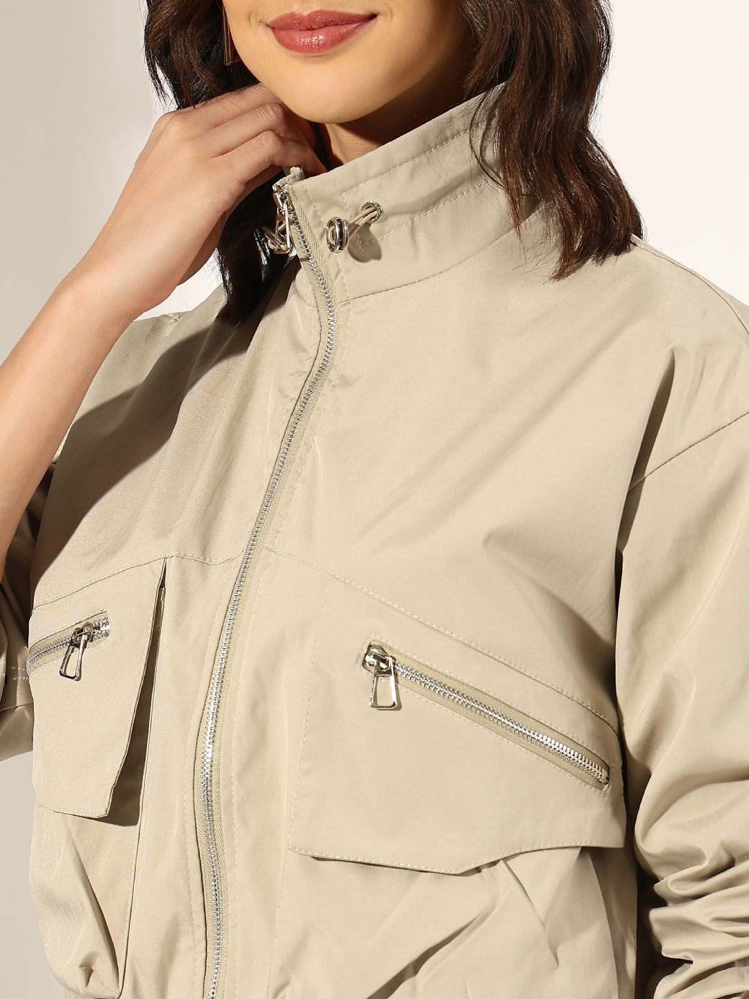 Women's Beige Bomber Jacket with Utility Pockets