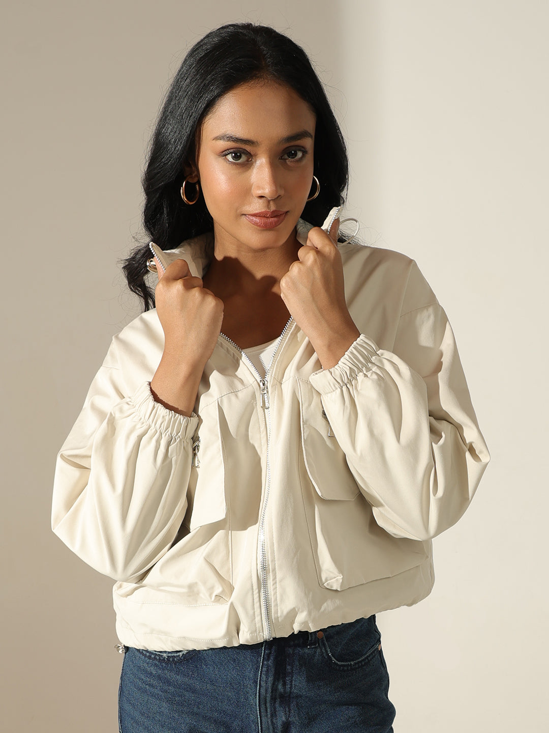 Women's Cream Zip Up Front Bomber Jacket with Utility Pockets